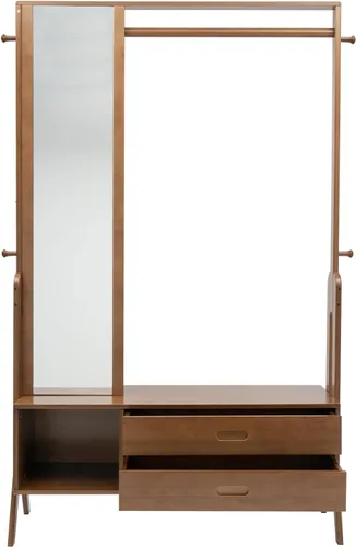 Vista 3 de Perchero de bambú con espejo y cajones, colgador de ropa de madera independiente con ganchos, perchero resistente con estantes, organizador