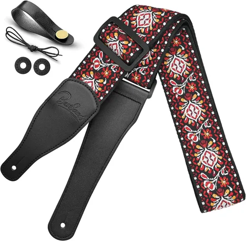 Vista 12 de Correa de guitarra, correas de algodón bordado jacquard con extremos de cuero genuino correa de hombro para bajo, acústico, guitarra eléctrica