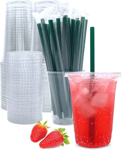 Vista 10 de Vasos de plástico transparente de 12 onzas con tapas y pajitas, tazas de café desechables, 25