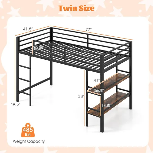 Vista 2 de Giantex Cama baja tipo loft tamaño individual, marco de metal resistente con estantes de almacenamiento, escalera y barandillas de longitud