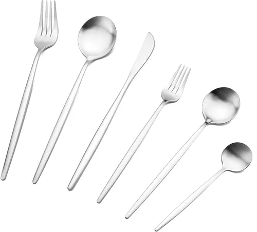 Vista 13 de Juego de cubiertos de acero inoxidable de 36 piezas con acabado satinado y mango plano, juego de utensilios de cocina para 6, incluye cuchara