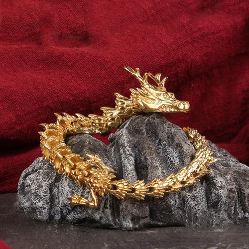 Vista 5 de Estatua y esculturas de dragón de Feng Shui de oro chino con articulaciones móviles, figuras coleccionables de dragón chino, decoración de mesa