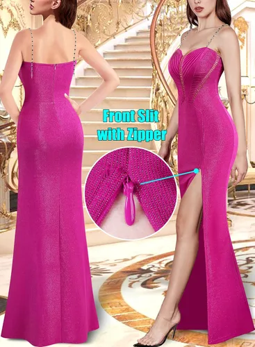 Vista 2 de VFSHOW Vestido largo formal para mujer, con cuentas, tirantes delgados, fruncido, para invitadas de boda, vestido de noche sexy con abertura alta