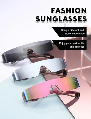 Vista 6 de MASDUN Gafas de sol envolventes futuristas sin montura para mujeres y hombres, gafas de sol Cyberpunk con visera