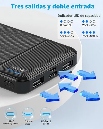 Vista 3 de AsperX - Cargador portátil de 10000 mAh con batería dual USB Negro