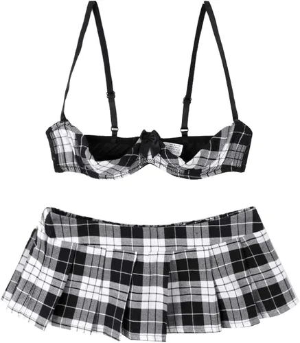 Vista 6 de Yeahdor Conjunto de lencería sexy para mujer estilo colegial 14 copa sin forro con minifalda