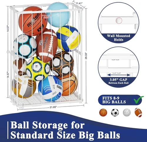 Vista 2 de Garage Ball Storage, Wall-Mounted & Floor Ball Holder with Elastic Rope, Sports Equipment Organize Ball Rack for Basketball, Soccer, Volleyball