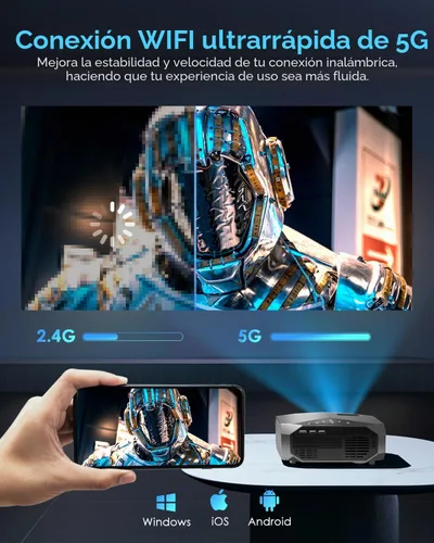 Vista 4 de Proyector con WiFi y Bluetooth, proyector de película portátil para exteriores Native 1080P, zoom del 50% al 100%, pantalla de 400 pulgadas