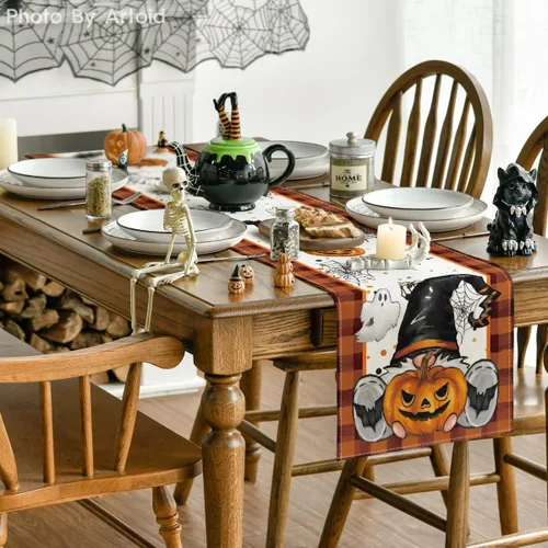 Vista 4 de Artoid Mode Camino de mesa de Halloween, gnomo, murciélago, calabaza, fantasma, naranja, búfalo, búfalo, decoración de mesa de comedor para fiesta