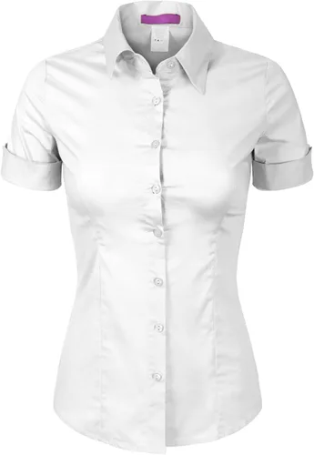 Vista 6 de Design by Olivia Blusa de manga corta elástica con botones para mujer, blusa de trabajo formal para oficina