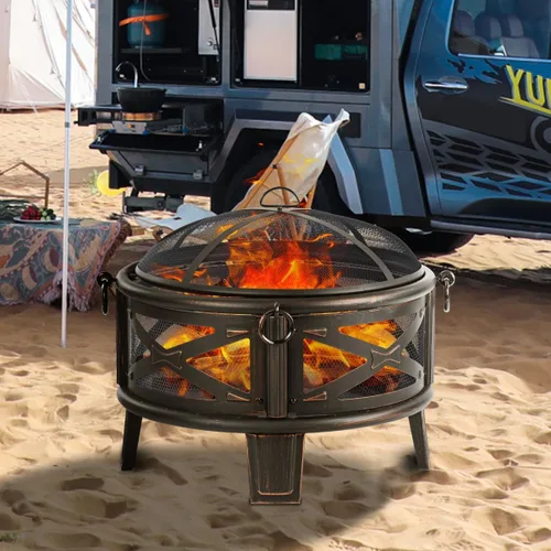 Vista 8 de Breezz Fogata de leña de 26 pulgadas con parrilla de cocina y pantalla de chispas, hoguera redonda de metal para exteriores, patio, fiesta