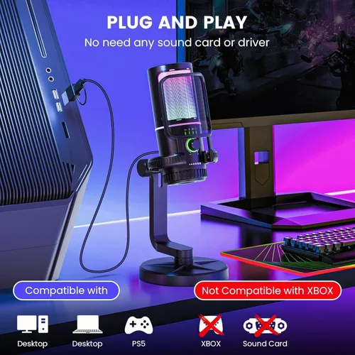 Vista 8 de Micrófono para juegos con cancelación de ruido y control de ganancia: micrófono USB para streaming, juegos, podcasts, PC, PS4, incluye filtro pop