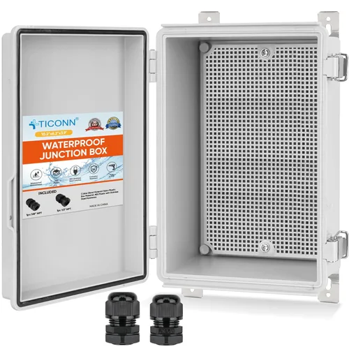 Vista 19 de TICONN - Caja de conexiones eléctricas impermeable IP67 con carcasa de plástico ABS con tapa con bisagras con placa de montaje, soportes de pared