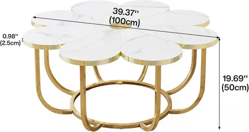 Vista 2 de Tribesigns Mesa de centro blanca y dorada, moderna mesa de centro en forma de flor con mesa de mármol sintético, mesa central floral de 39.37
