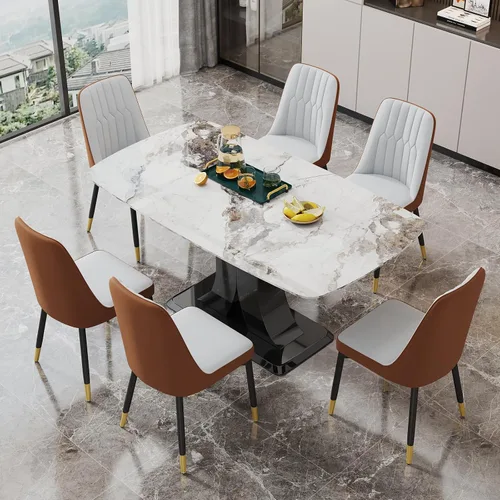 Vista 37 de Moderno juego de mesa de comedor para 4, mesa de vidrio de 63 pulgadas y base de MDF, mesa de comedor de mármol sintético negro con 4 sillas Mesa