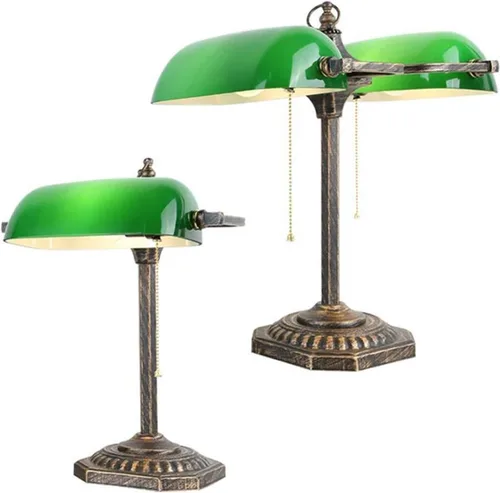 Vista 6 de Vintage Brass Bankers with Emerald Green Glass Shade Art Deco Double Head Table Lamp Indoor Light