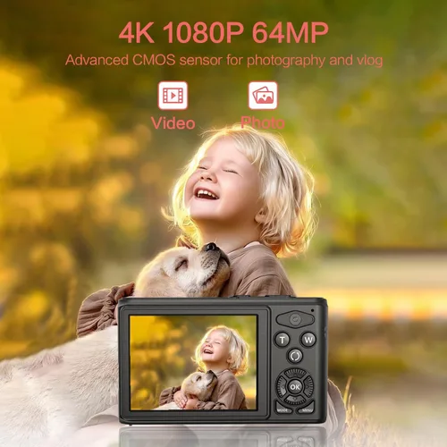Vista 3 de DAILPIC - Cámara digital 4K 1080P de doble lente para fotografía, cámaras digitales de punto y disparo de 64 MP con tarjeta TF de 64 GB, zoom