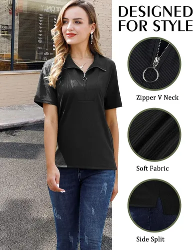 Vista 4 de MCKOL Blusa de manga corta con cremallera y ajuste holgado para mujer, estilo casual, con cuello