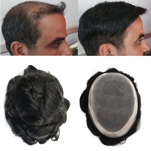 Vista 10 de Toupee - Pieza de cabello humano real para hombre, sistema de pelo tipo tupé para hombres, piezas de pelo fino mono polivinílico para hombre, pieza