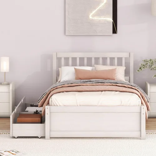 Vista 3 de HomSof Cama de plataforma de madera de diseño moderno con cabecero y 2 cajones, color blanco
