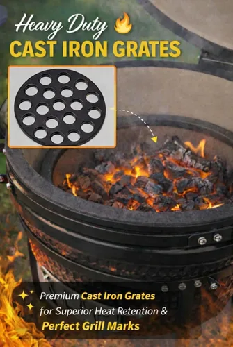 Vista 7 de Parrilla Kamado de 13 pulgadas de ancho con termómetro incorporado, parrilla ovalada con rejillas de hierro fundido, mango de bambú, parrillas