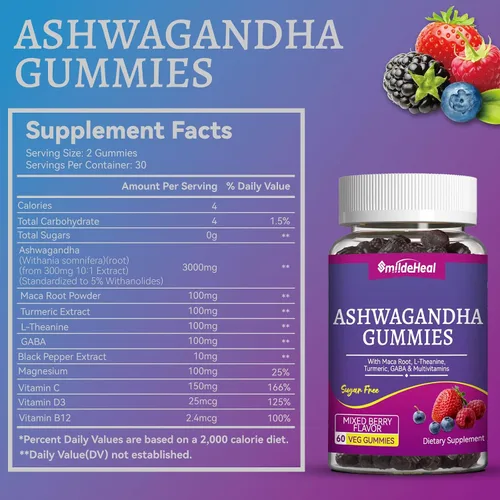 Vista 2 de Gominolas de Ashwagandha SmildeHeal 3000mg - Alivio del estrés, apoyo inmunológico y aumento de energía - Suplementos de Ashwagandha para mujeres