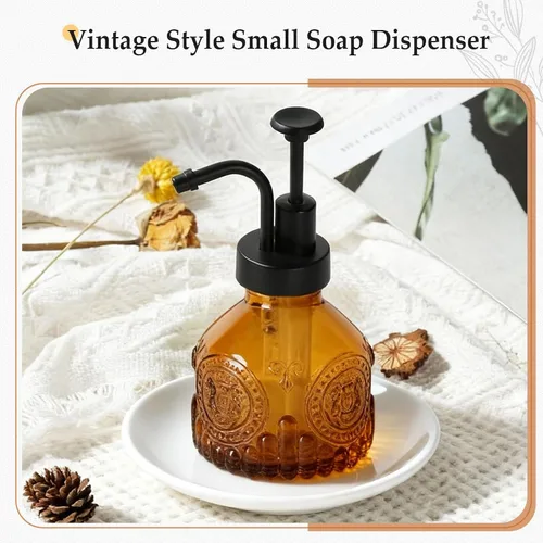 Vista 5 de Dispensador de jabón de vidrio ámbar, dispensador pequeño de jabón de manos para baño, botella de jabón líquido y loción con bomba, dispensador
