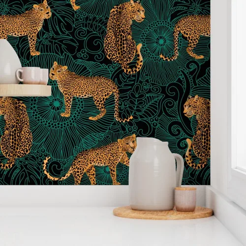 Vista 8 de Spoonflower Papel tapiz para despegar y pegar - Leopardo exótico selva negro verde animal África guepardo tigre papel tapiz extraíble personalizado