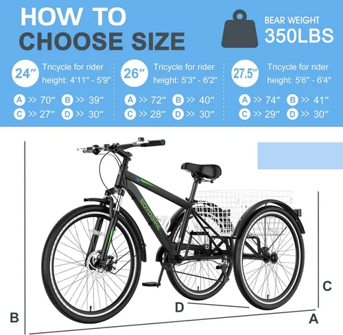 Vista 6 de Slsy Triciclo de montaña para adultos, bicicleta de tres ruedas de 7 velocidades, triciclos para adultos de 24/26 pulgadas para personas mayores
