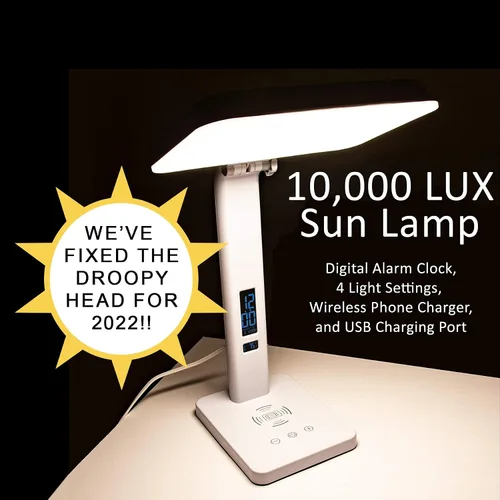 Vista 2 de Lámpara de terapia de luz TheraLite Aura Qi, libre de UV, lámpara de terapia de luz de 10,000 LUX, incluye reloj despertador, cargador de teléfono