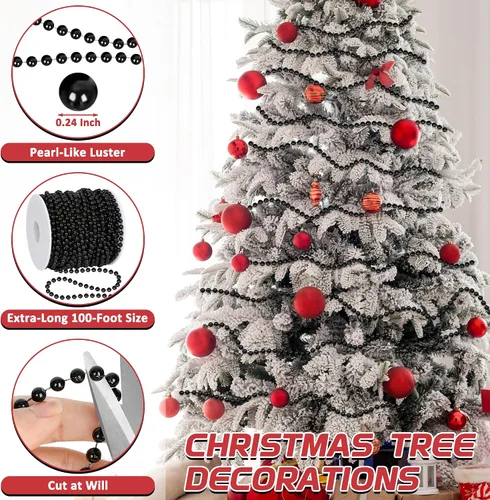 Vista 3 de Guirnalda de 100 pies para árbol de Navidad, decoraciones de cuentas de Navidad negras, decoraciones de árbol de Navidad, guirnalda de perlas Negro