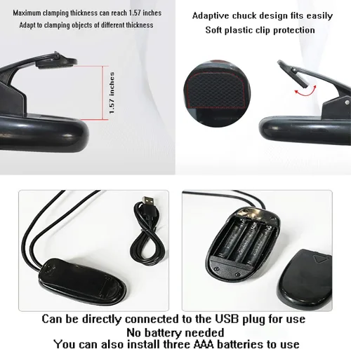 Vista 6 de 8 luces LED de soporte de música, 3 modos, luz de libro USB, luz blanca de doble cabezal, clip con batería, lámpara de lectura para proteger
