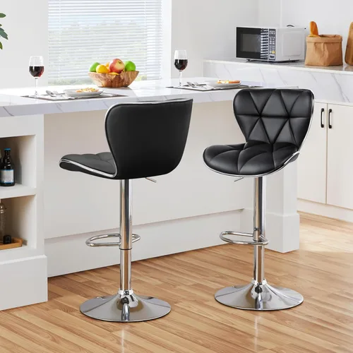 Vista 6 de Yaheetech Juego de 2 taburetes de bar, taburetes de bar ajustables de piel sintética con respaldo de concha, sillas de bar con reposapiés para Negro