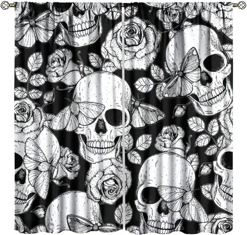 Vista 24 de Cortinas góticas rústicas con estampado de cuervo de bosque brumoso, rama, luna, bolsillo para barra, cortinas de ventana para dormitorio, sala
