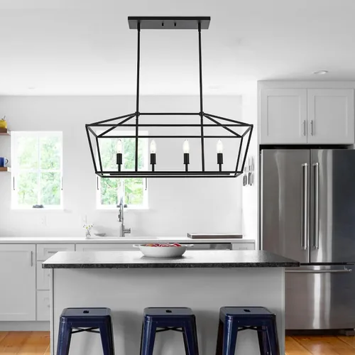 Vista 2 de Lámpara de araña negra de 4 luces, lámpara de techo para mesa, lámparas colgantes negras para comedor, dormitorio, luces colgantes modernas