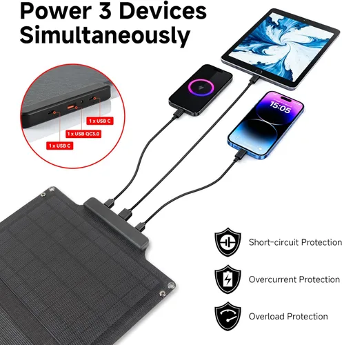 Vista 3 de Soshine Cargador de panel solar de 30 W, panel solar plegable portátil con 3 puertos USB (USB-A QC3.0 y 2 USB-C), impermeable IP67 para senderismo
