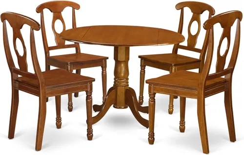 Vista 8 de East West Furniture DLNA5-SBR-C - Juego de mesa y sillas de cocina de 5 piezas, incluye una mesa de comedor redonda con gotas y 4 sillas tapizadas