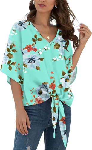 Vista 30 de VIISHOW Womens Tie Front Chiffon Blouses V Neck Batwing Short Sleeve Summer Tops Shirts Albaricoque