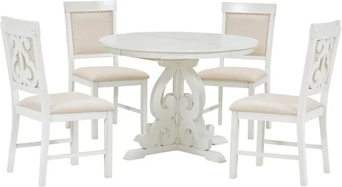 Vista 23 de Juego de mesa de comedor funcional retro de 5 piezas, mesa de comedor redonda extensible de madera y 4 sillas de comedor tapizadas para restaurante