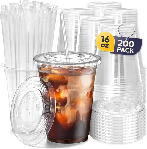 Vista 8 de Fit Meal Prep Paquete de 100 Vasos de Plástico para Café Helado de 16 oz con Tapas Planas y Pajitas Transparentes, Vaso Transparente Desechable