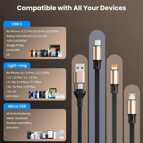 Vista 8 de Cable de carga múltiple 3 en 2, 1 paquete de cargadores retráctiles de 4 pies para todos los dispositivos, adaptador de cable de carga múltiple USBC