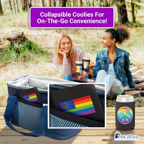 Vista 3 de LGBTQ Pride - Paquete de 6 enfriadores de latas – Fundas de neopreno arcoíris para cerveza, regalo divertido, soportes plegables para bebidas