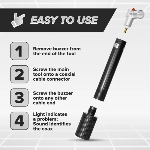 Vista 6 de Probador de continuidad de bolsillo coaxial (coaxial) (trazador) con tóner de voltaje (sonido) y paquete de conectores de barril, para prueba