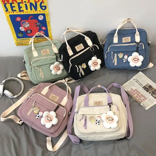 Vista 7 de Mochilas japonesas para niñas adolescentes para la escuela secundaria, mochila Kawaii con alfileres mochila escolar linda mochila estética, Verde