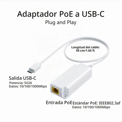 Vista 2 de Convertidor Gigabit PoE a USB C para teléfono inteligente/tableta, adaptador USB-C a Ethernet con carga de 10 W, alimentación y datos 2 en 1 puerto