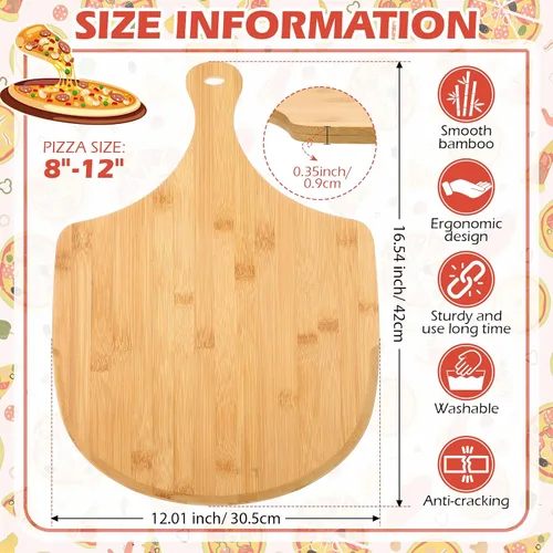 Vista 2 de Norme Juego de 6 piezas de cáscaras de pizza de bambú, paleta de madera para pizza con asa, tabla de cortar de madera, accesorio de horno
