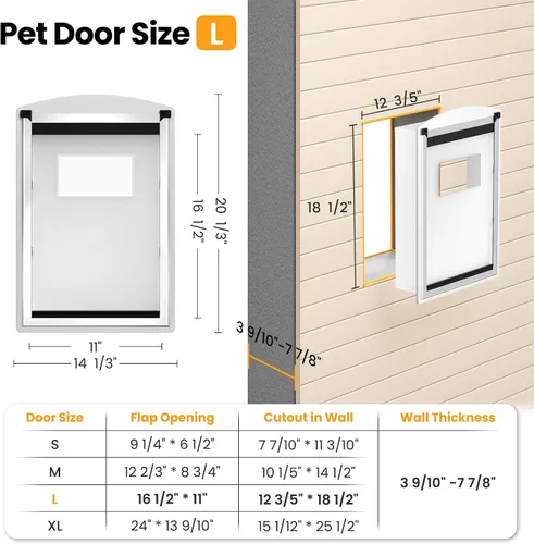 Vista 12 de Puerta de perro para pared, puerta de perro de acero con túnel telescópico, puerta de mascotas resistente a la intemperie con dos paneles de bloqueo