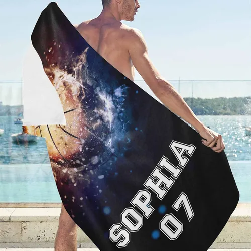 Vista 3 de Artsadd Toalla de playa personalizada para adultos, manta de playa personalizada de baloncesto con nombre inicial como regalo de fiesta para viajes