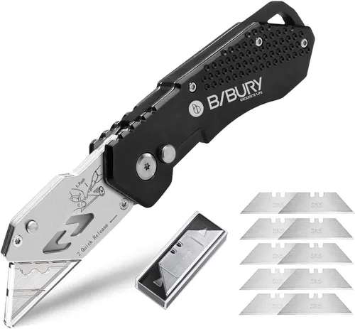 Vista 12 de BIBURY Cuchillo utilitario, cortador de caja plegable resistente, cuchillo cortador de alfombra de bolsillo con 10 cuchillas adicionales de acero