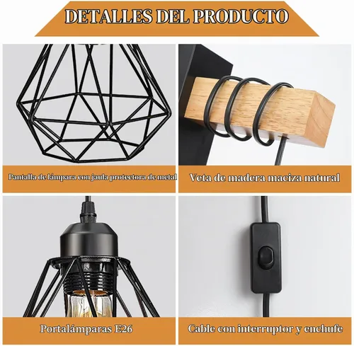 Vista 4 de Juego de 2 apliques de pared enchufables, luces de pared de granja con cable de enchufe, lámpara de pared rústica negra para dormitorio, mesita